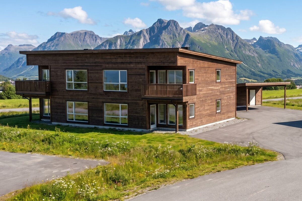 Firemannsboligen på Fjellfoten med Romsdalsfjella bak
