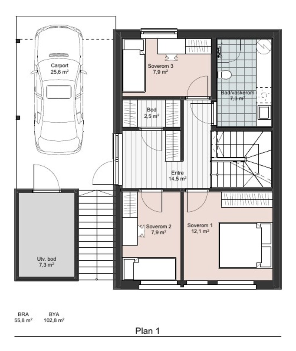 Plan 1 — 55,8 m² — Enebolig i rekke med sokkel