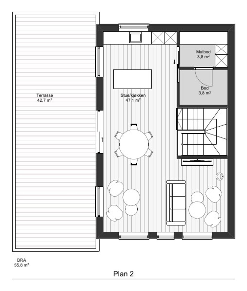 Plan 2 — 55,8 m² — Enebolig i rekke med sokkel